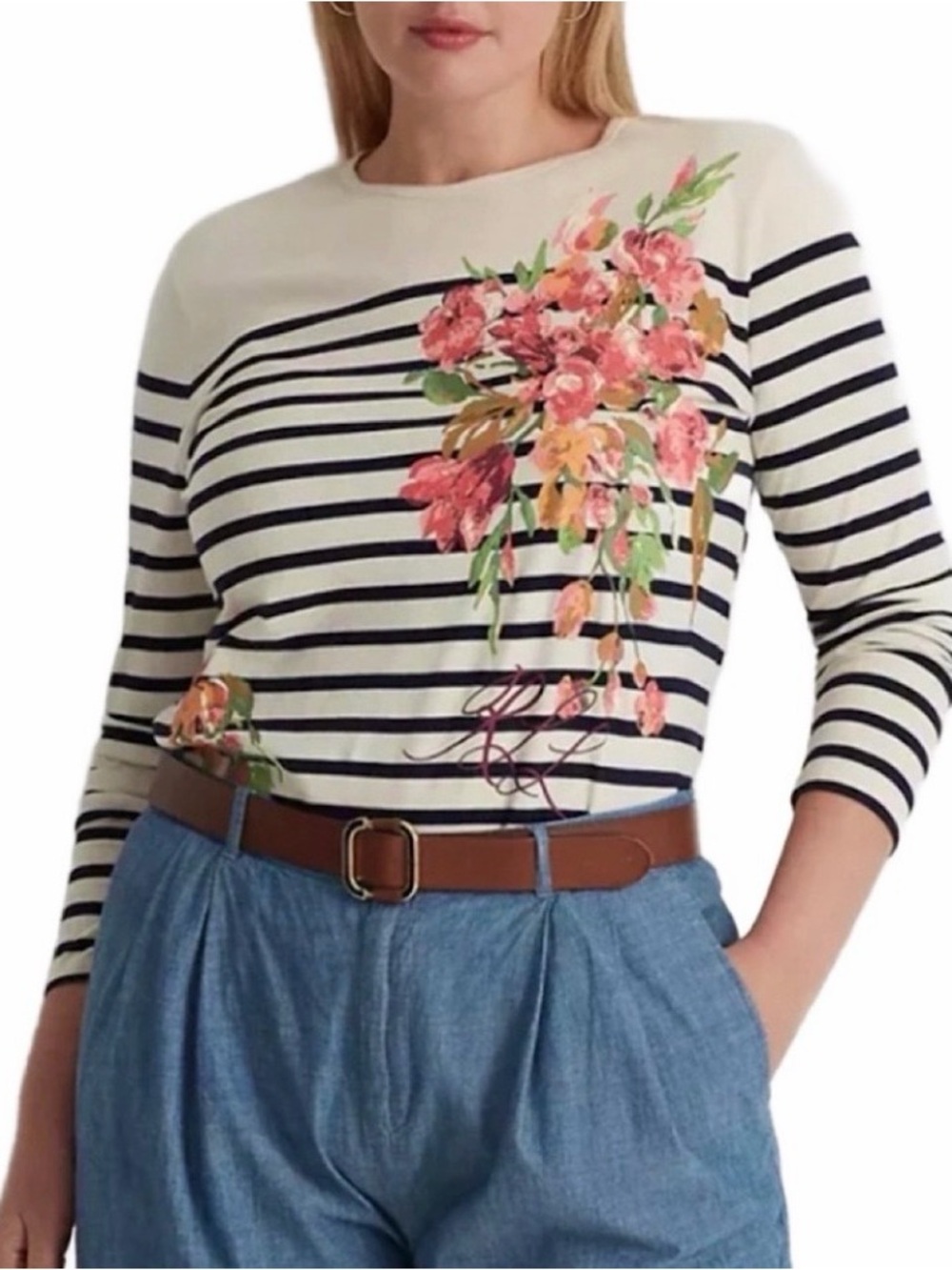 Lauren Ralph Lauren Cream & Navy Striped Floral Long Sleeve Tee 3X
